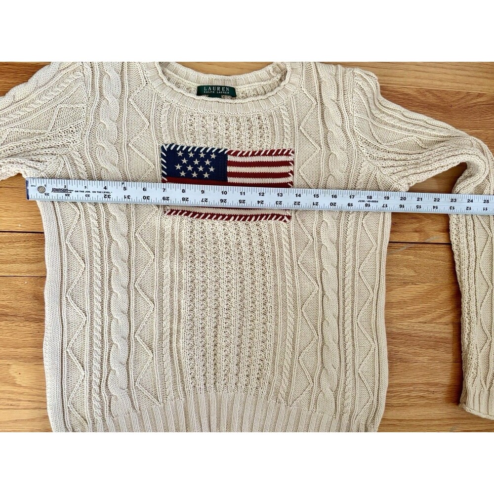 Vtg Ralph Lauren American Flag Aran Cable Knit Sweater 100% Cotton Cream Size M - Picture 9 of 11